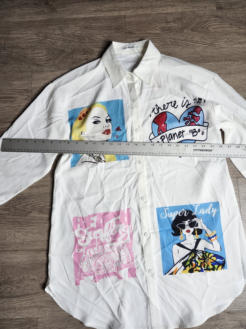 White Pop-Art Button-Down Shirt Dress with Graphic Panels - Picture 4 of 7